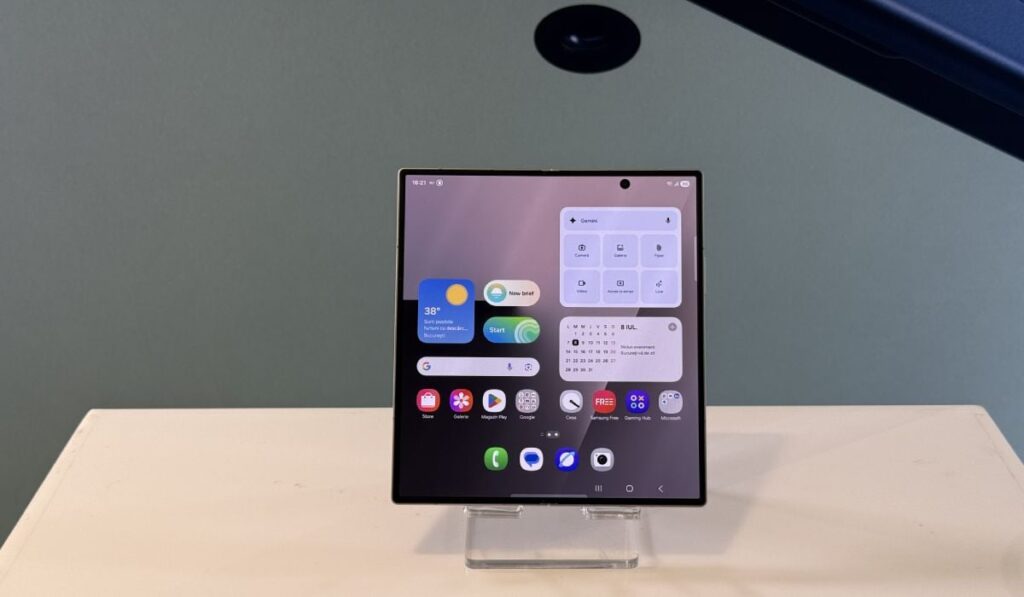 Ecranul mare al unui telefon Samsung Galaxy Z Fold7 gri, așezat pe un stand de prezentare în fața unui fundal vernil.