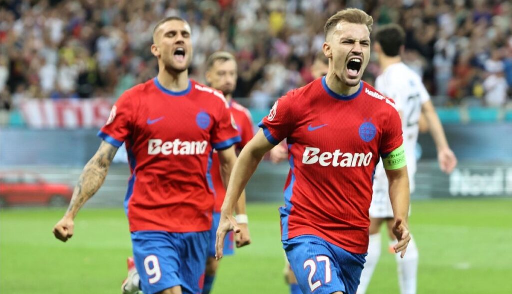 Darius Dumitru Olaru se bucura dupa un gol marcat in meciul de fotbal dintre FCSB si FC Aberdeen, contand pentru Play-Off UEFA Europa League, desfasurat la Arena Nationala din Bucuresti, joi 28 august 2025. © FOTO:Gheorghe Fluster/SPORT PICTURES