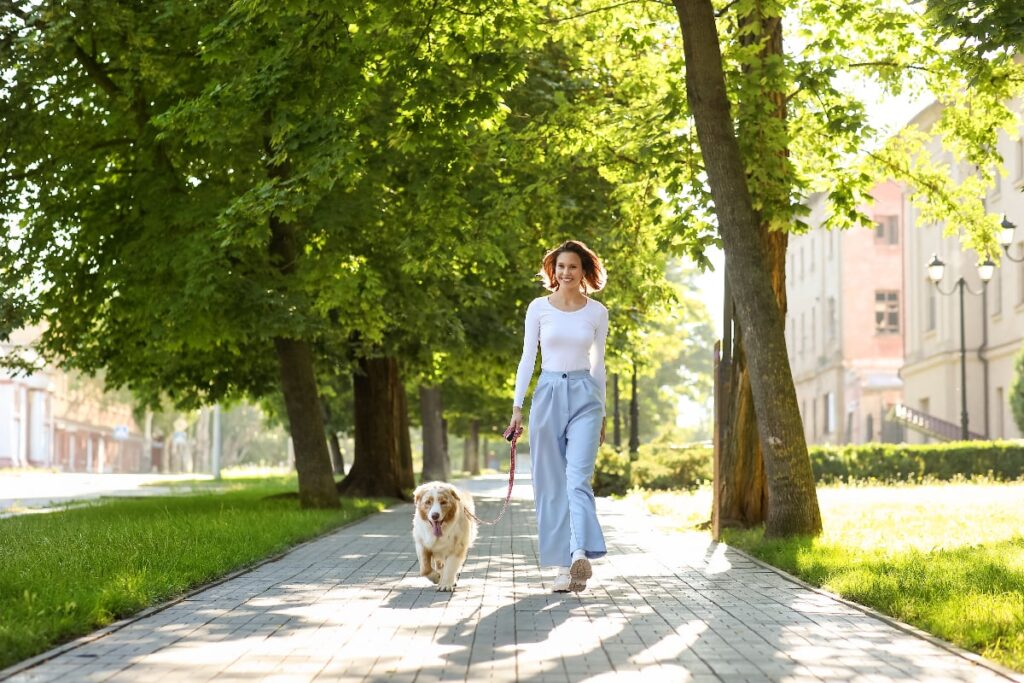 O femeie zâmbitoare se plimbă pe o alee pietonală, însoțită de câinele ei cu păr lung, pe o vreme însorită de vară sau primăvară. Cei doi merg în mijlocul unui decor plin de verdeață abundentă și copaci, cu clădiri vechi vizibile în fundal.