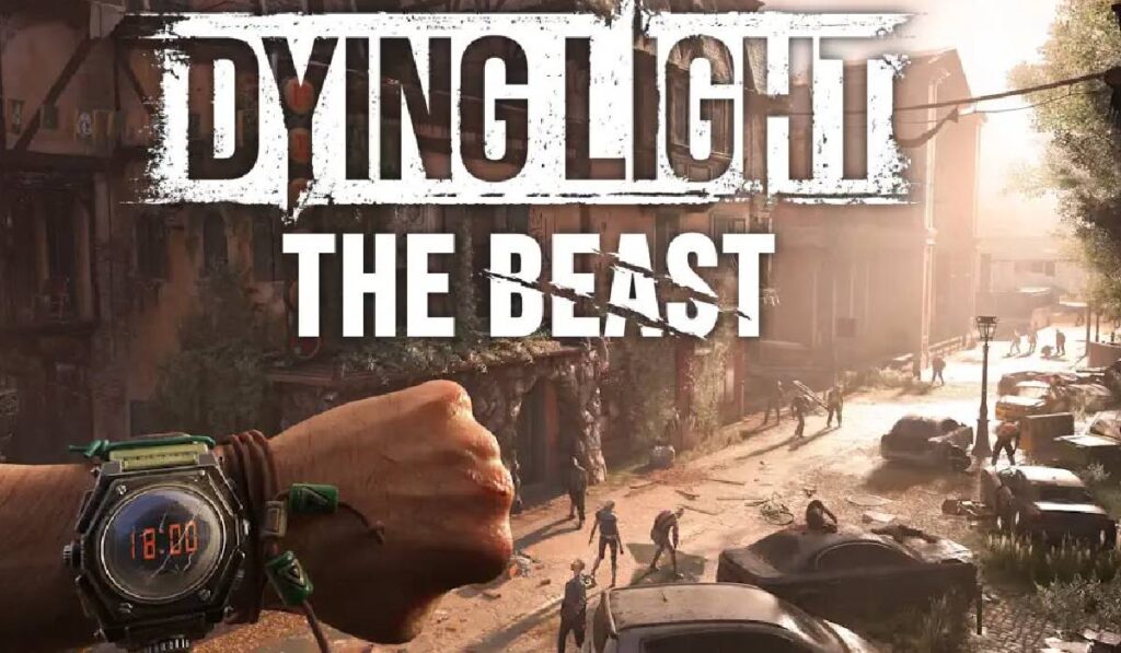 În imagine e o secvență din jocul Dying LIght The Beast în care apare o mână care poartă un ceas iar pe fundal se vede un oraș cotropit de zombie