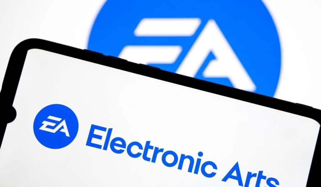 Logoul Electronic Arts, afișat pe ecranul unui smartphone.