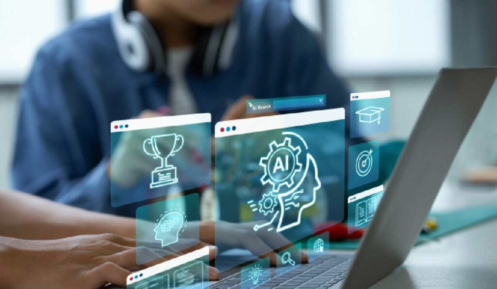 Inteligență artificială AI. O persoană în fața unui laptop