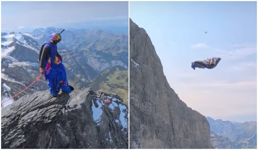 Peter Salzmann în timp ce sare de pe muntele Eiger