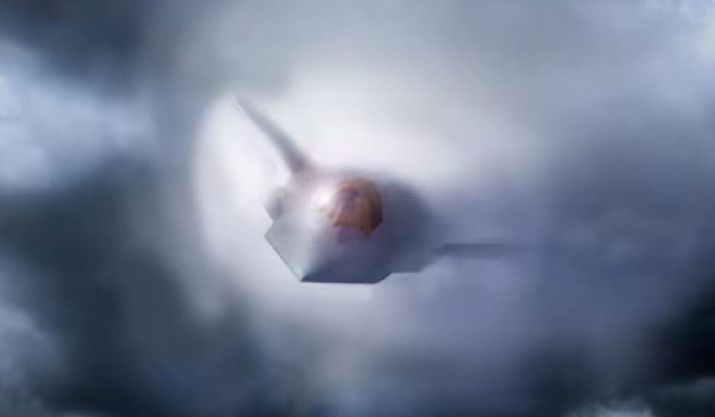 F-47, avion de lupta de generatia a sasea, realizare grafica. F-47 seamna cu un avion stealth, forma triunghiulara si turela turtita