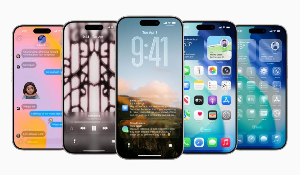 Cinci iPhone-uri cu diferite culori și funcții din iOS 26 afișate pe ecranul de pornire.