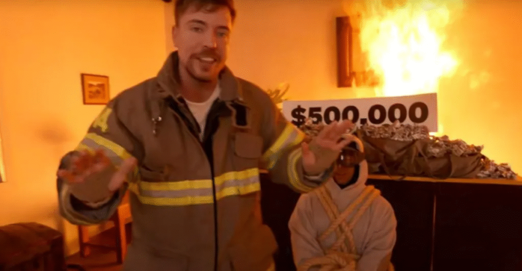 Jimmy Donaldson în videoclipul „Ai risca să mori pentru 500.000 de dolari?”, septembrie 2025
