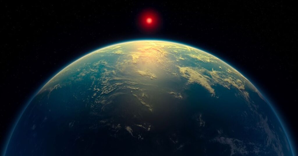 Astronomii au descoperit un nou „super-Pământ” într-o zonă locuibilă, la mai puțin de 20 de ani-lumină O exoplanetă cu un ocean de apă lichidă sub o atmosferă bogată în hidrogen, care orbitează o stea pitică roșie, aprilie 2025