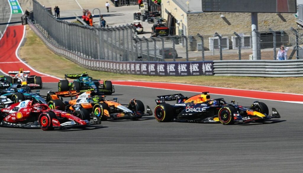 AUSTIN, TX - OCTOBER 19: Oracle Red Bull Racing driver Max Verstappen (1) of the Netherlands leads the pack into turn one at the start of the Formula 1 MSC Cruises United States Grand Prix on October 19, 2025, at Circuit of The Americas in Austin, Texas.,Image: 1047382595, License: Rights-managed, Restrictions: This content is intended for editorial use only. For other uses, additional clearances may be required. FOR EDITORIAL USE ONLY. Icon Sportswire (A Division of XML Team Solutions) reserves the right to pursue unauthorized users of this image., Model Release: no, Pictured: Max Verstappen
