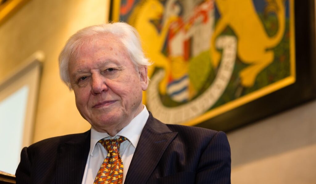 David Attenborough în sacou negru, cămașă albă și cravată colorată