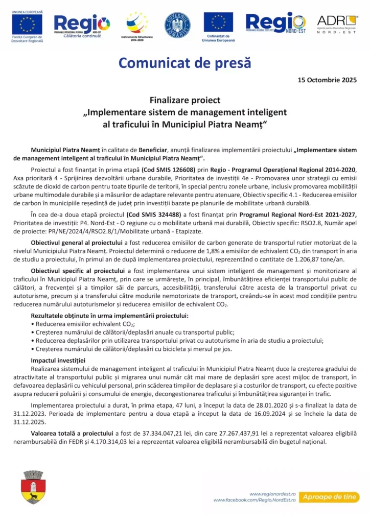 Mun. Piatra Neamt - „Implementarea... traficului“ - SMIS 126608-324488 - comunicat finalizare proiect