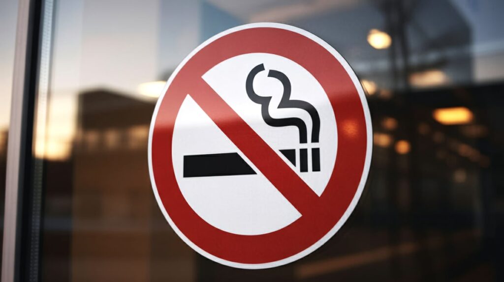 Imaginea prezintă de aproape un autocolant rotund de avertizare, de culoare roșu și alb, aplicat pe o suprafață de sticlă, care semnalează interzicerea fumatului. Semnul conține o țigară stilizată din care iese fum, barată de o linie diagonală roșie, indicând interdicția.