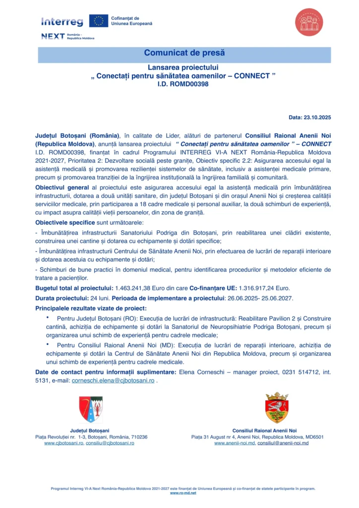 Lansarea proiectului „Conectați pentru sănătatea oamenilor – CONECT” I.D. ROMD00398