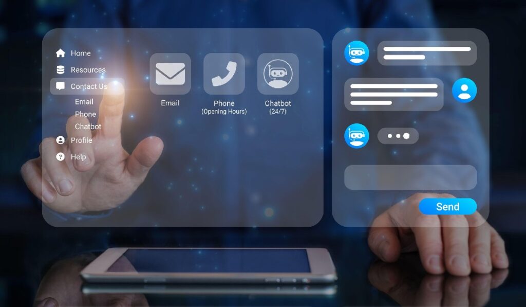 Asistent de conversație chatbot. Persoană care utilizează serviciul de asistență online cu chatbot pentru a obține asistență. Butonul „Contactați-ne”.