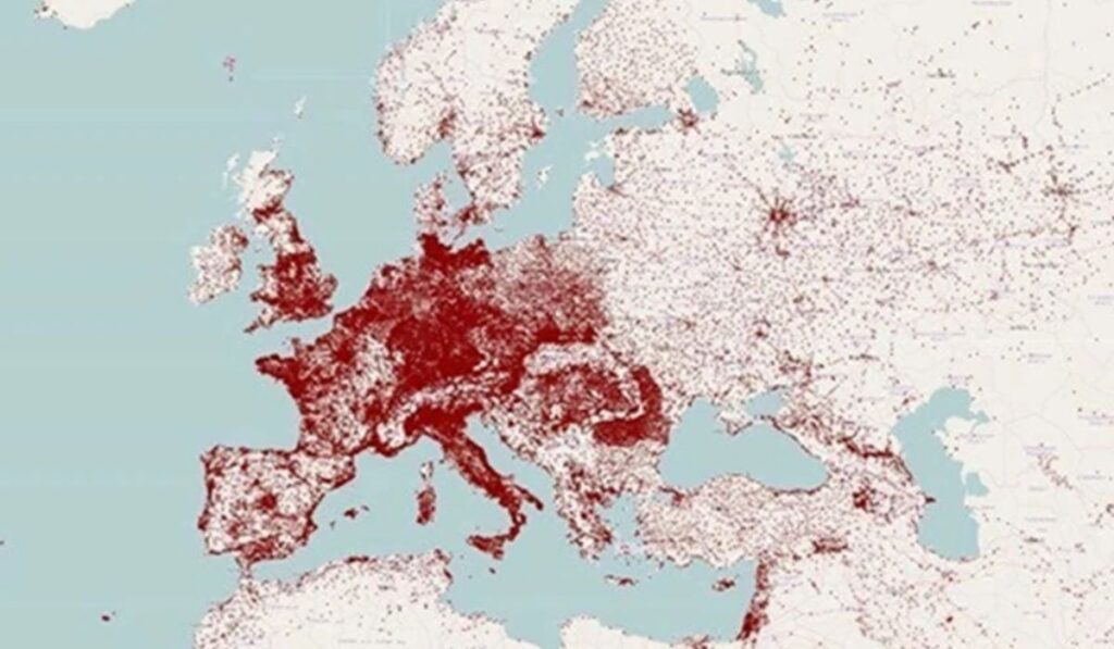 Harta Europei, cu puncte roșii, creată de cercetătorii de la Universitatea Harvard