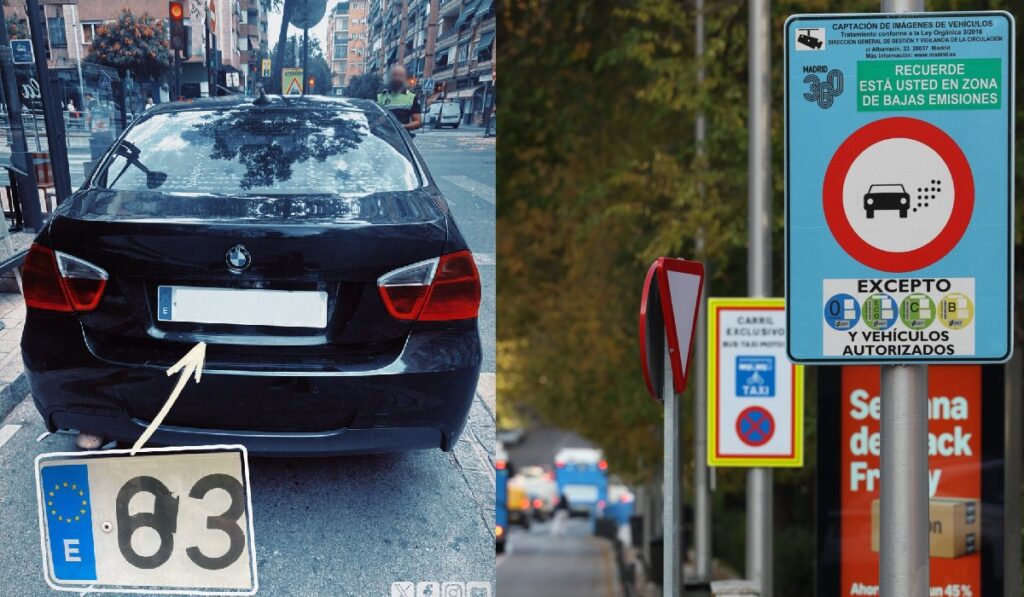 Un BMW negru, cu numerele de inmatriculare ascunse/ Un indicator marchează începutul unei zone cu emisii reduse (LEZ) pe 20 noiembrie 2024, în Madrid (Spania).