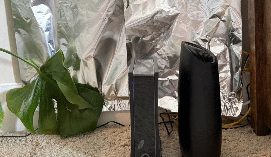 Folia de aluminiu pusă în spatele router-ului, pe perete.