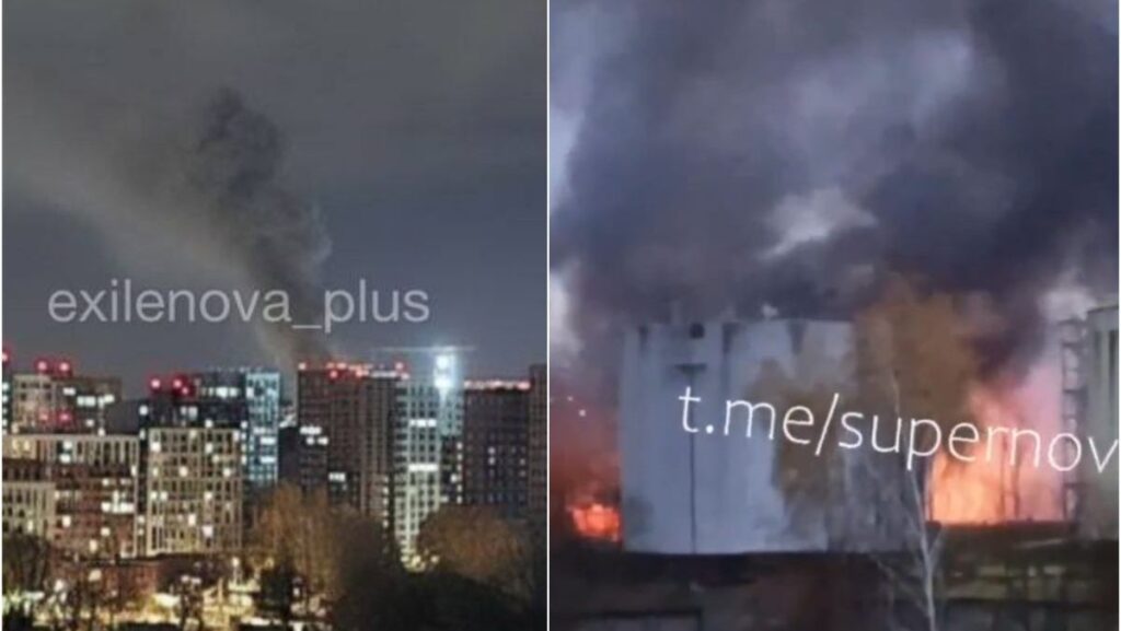 două aeroporturi închise și un incendiu, anunță primarul În partea stângă, în spatele mai multor clădiri înalte, se vede un fum gros care se înalță, pe timpul nopții, iar în partea dreaptă este un plan-detaliu, Moscova, 26-27 octombrie 2025