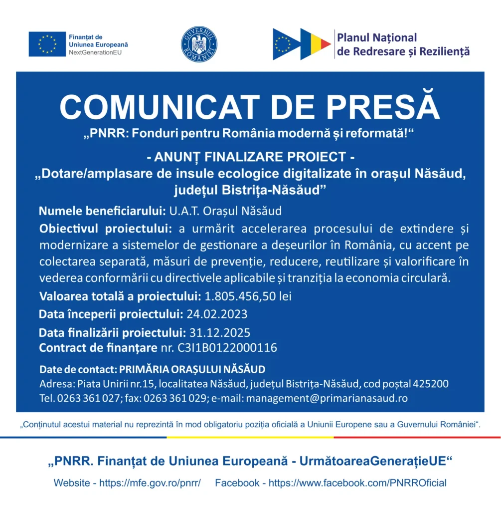 – ANUNȚ FINALIZARE PROIECT – „Dotare/amplasare de insule ecologice digitalizate în orașul Năsăud, județul Bistrița-Năsăud” – ANUNȚ FINALIZARE PROIECT – „Dotare/amplasare de insule ecologice digitalizate în orașul Năsăud, județul Bistrița-Năsăud”