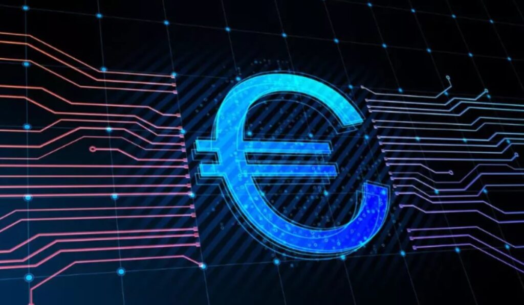Ce este „euro digitalul” și cum ne va schimba viața Imagine digitală cu simbolul Euro iluminat pe un fundal de circuite electronice interconectate