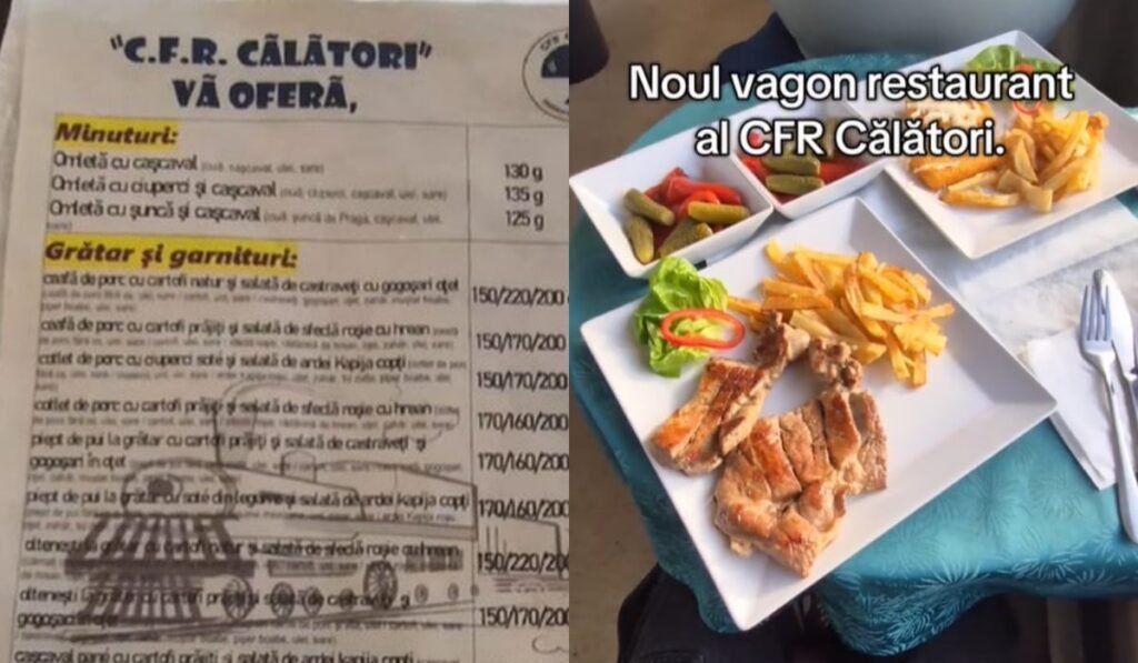 Meniul din vagonul restaurant al CFR Călători și o fotografie cu o porție de piept de pui la grill și cartofi prăjiți