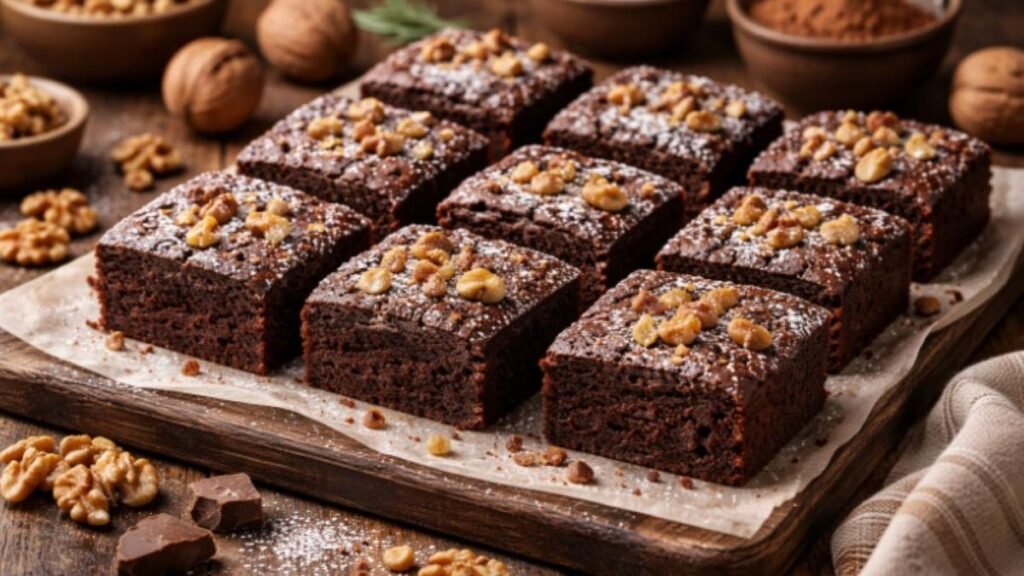 Negresă de post cu nucă, rețetă simplă, pufoasă și intens aromată