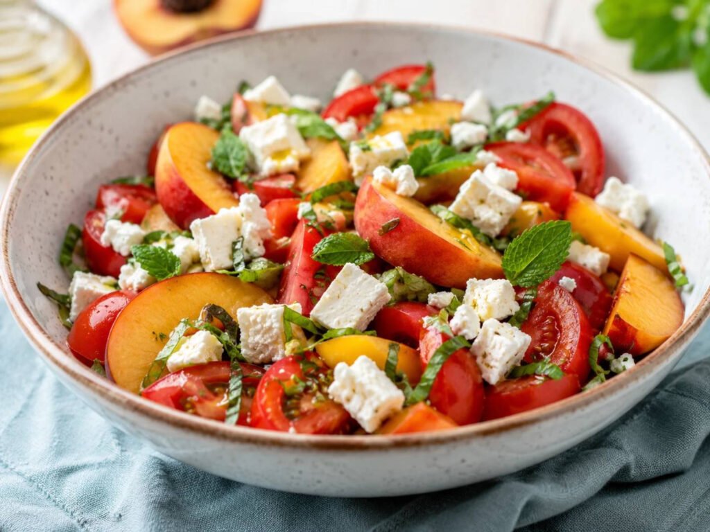 Rețeta perfectă pentru august 2026: salată rapidă cu roșii, piersici și telemea în 15 minute Rețeta rapidă de salată cu roșii, piersici și telemea în 15 minute pentru august 2026
