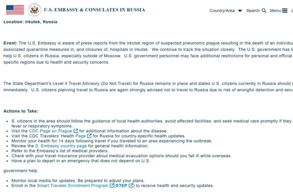 Alertă de sănătate dată de Ambasada SUA în Rusia, după suspiciunea de ciumă. Americanii sunt îndemnați să părăsească imediat țara "Comunicat Oficial al Ambasadei SUA la Moscova: Noutăți și Informații Esențiale"